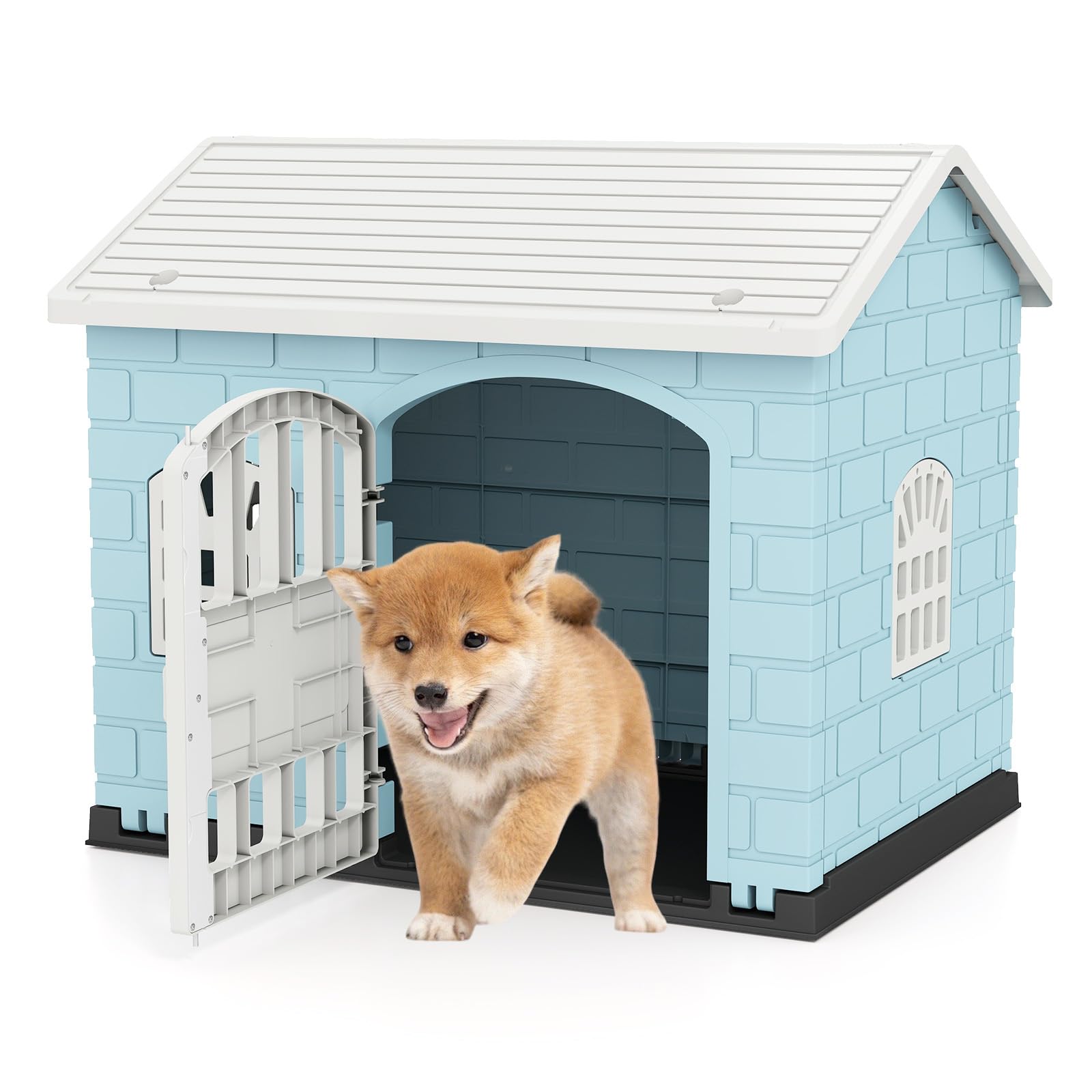 GOPLUS Niche pour Chien Exterieur XXL en PP, Cabane Chien Imperméable&Ventilé, Maison pour Chiot Interieur avec Porte, 3 Fenêtres, Toit Incliné, Plancher Surélevé (Bleu, 75x58x65CM)
