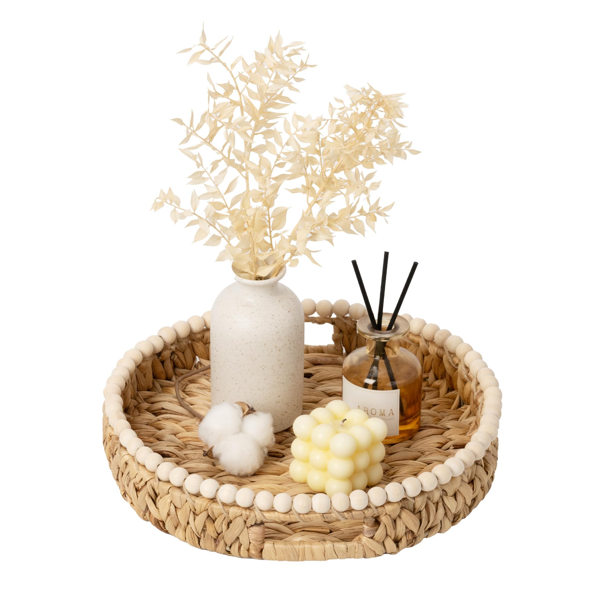StorageWorks Round Decorative Trays for Home Decor Farmhouse, Wicker Coffee Table Tray Decor with Wooden Beads and Handles, Woven Dining Room Decor Tray for Kitchen Counter,Living Room,Bedroom