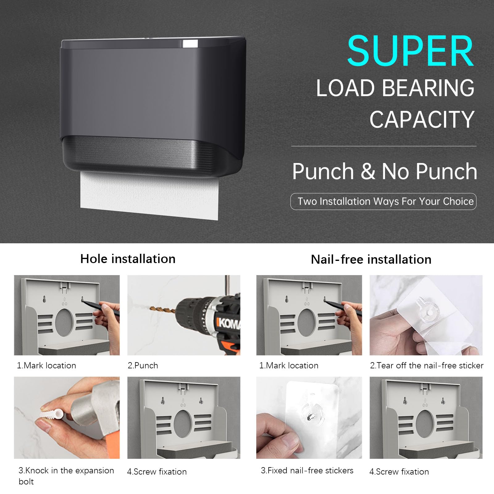Dispensador de toallas de papel multipliegue, montaje en pared, dispensadores comerciales de servilletas con cerradura, 200 hojas, 6012 gris