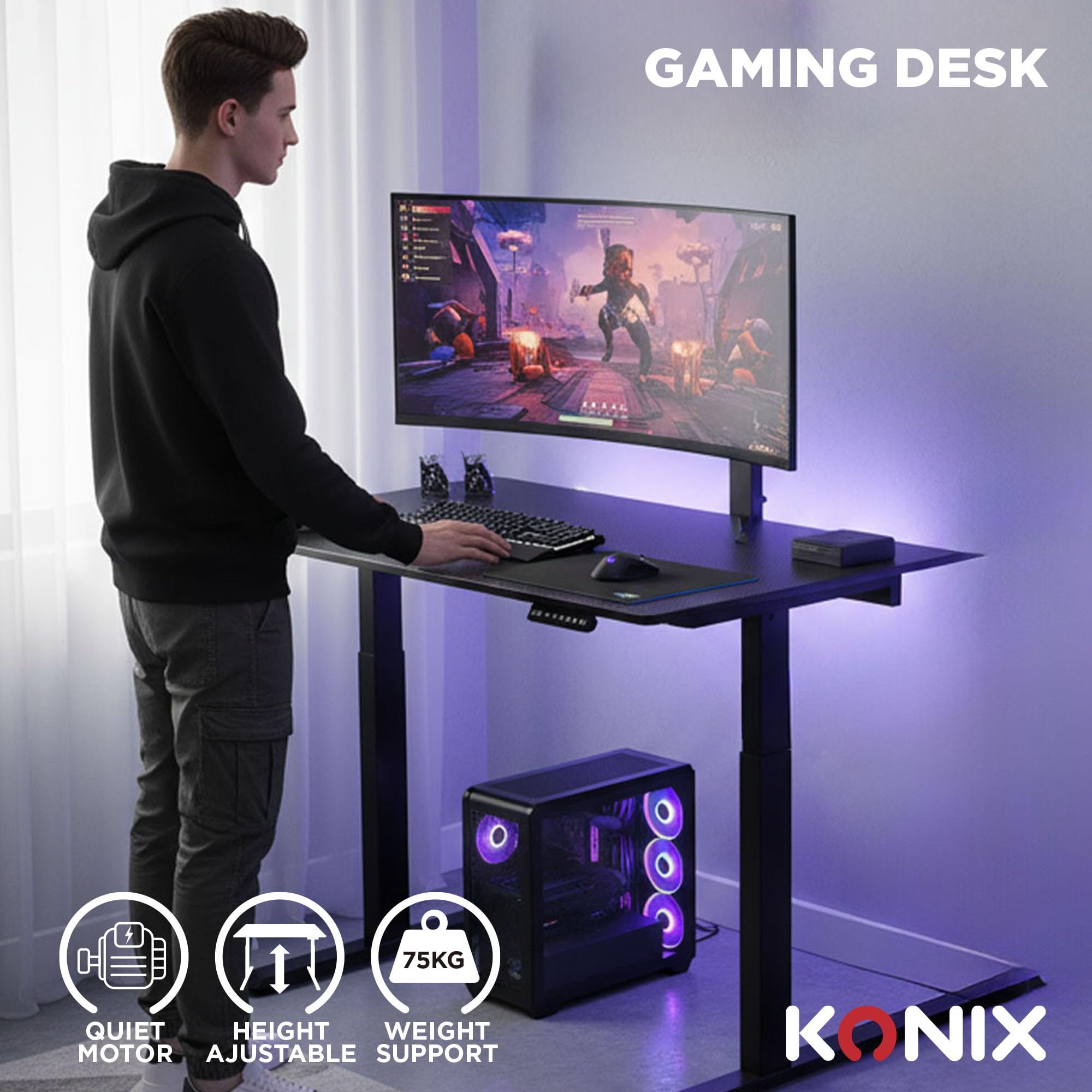 Konix Gaming-Schreibtisch Elevate Steh-Sitz-Schreibtisch 120 x 60 x 73-118 cm T-förmig - 3 Höhenstufen - Tischgestell aus Metall - Schwarz
