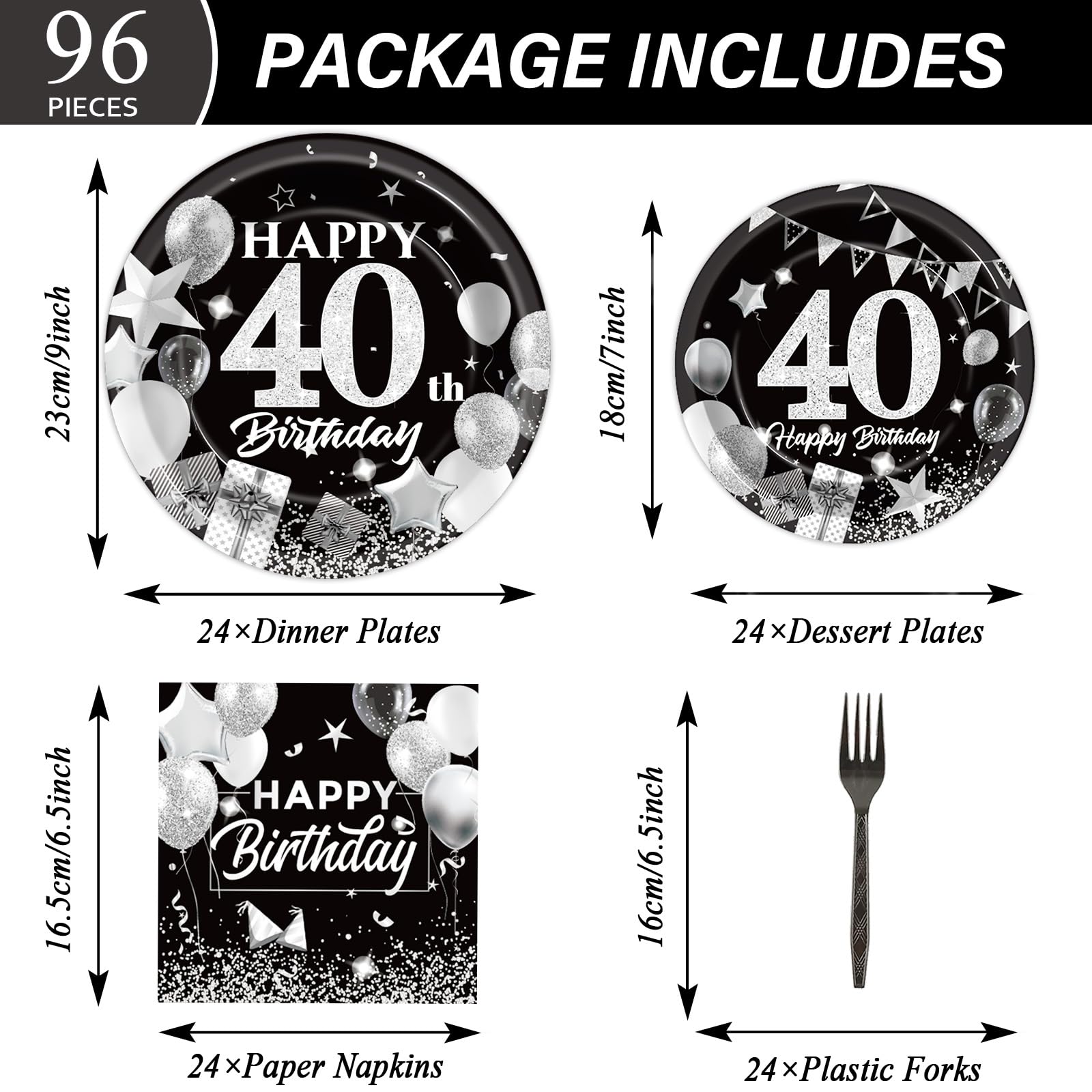 96-Pc 40th Birthday Plates & Napkins Set – Black Gold Theme, Serves 24, Party Tableware Supplies