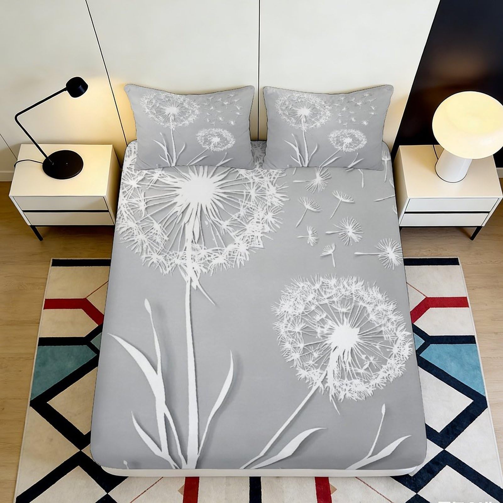 3D Printed Dandelion Meadow Fitted Sheet Microfiber Soft Grey Wind Blowing Mattress Cover for Bedroom Guest Room Decor 90x200x25cm