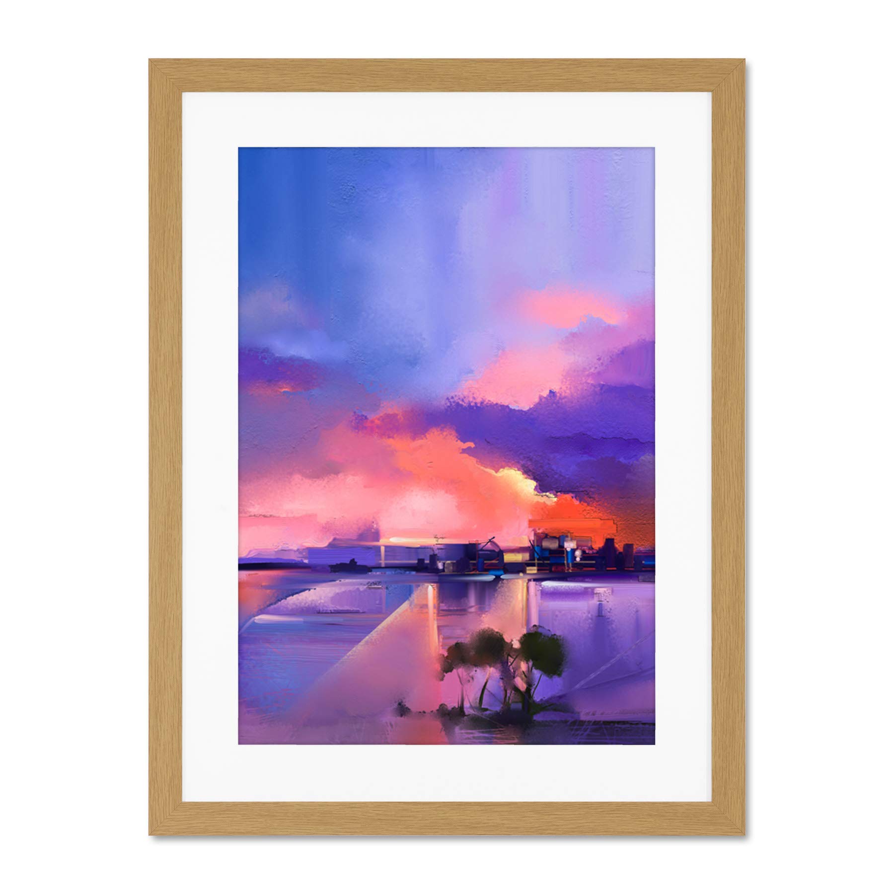 Wee Blue Coo Framed Light Oak 18X24 Abstract Sunset On Lake Large Framed Art Print Wall Poster 18X24 Inch