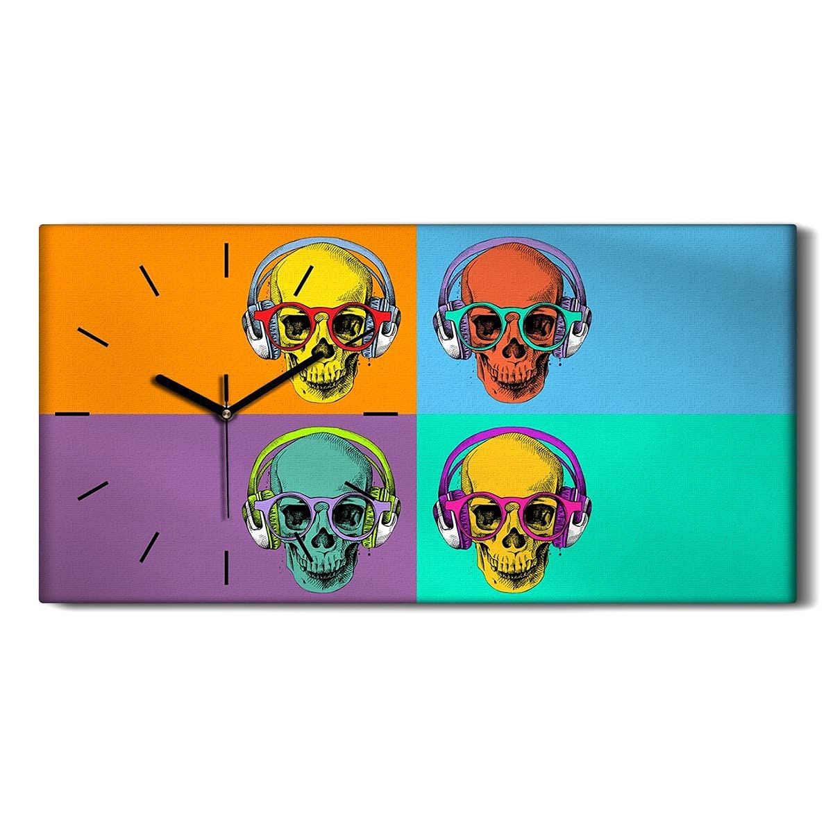 Horloge sur toile silencieuse sans tic-tac 60x30cm crâne pop art pour chambre