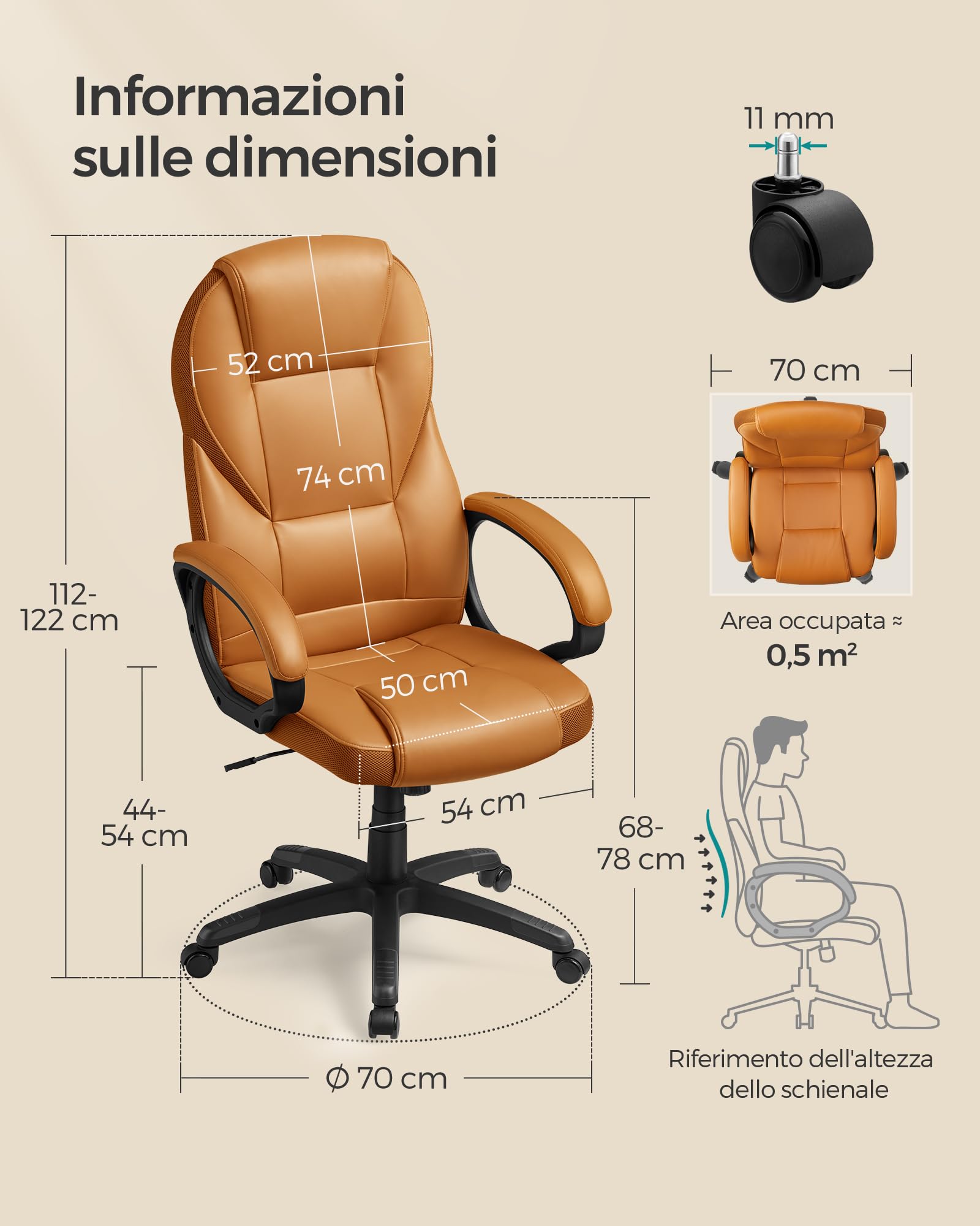 SONGMICS Ergonomica, Poltrona Direzionale, Sedia Girevole e Altezza Regolabile, da Scrivania in Studio e Ufficio, con Rotelle, Marrone Cammello OBG022K01, Poliuretano