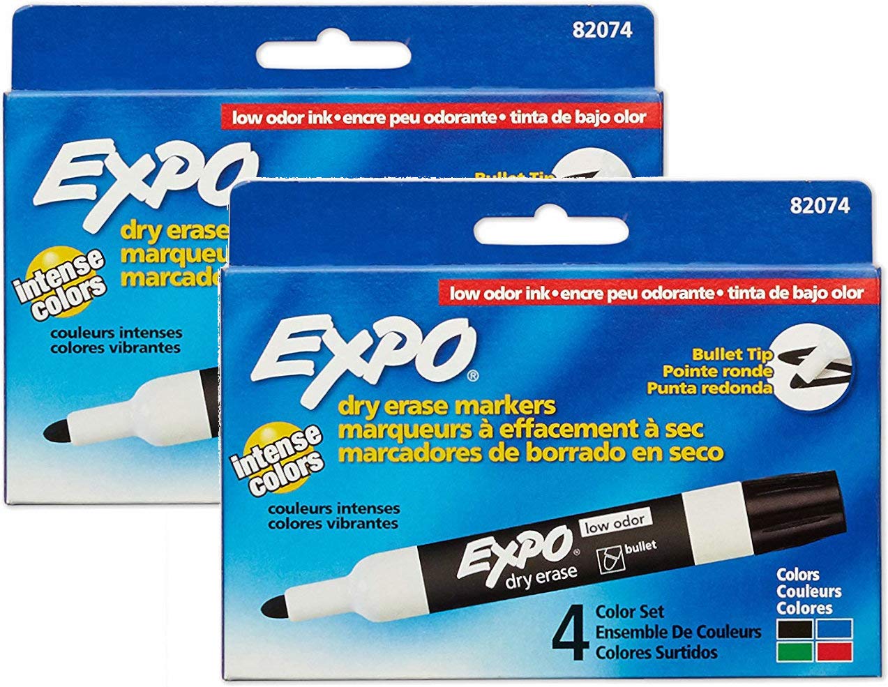 EXPO82074 Low-Odor Dry Erase Markers, School Supplies, Bullet Tip, 4 Assorted Colors (Black, Blue, Green and Red), 2 Blisters of 4 Markers Each, Total 8 Assorted Color Markers