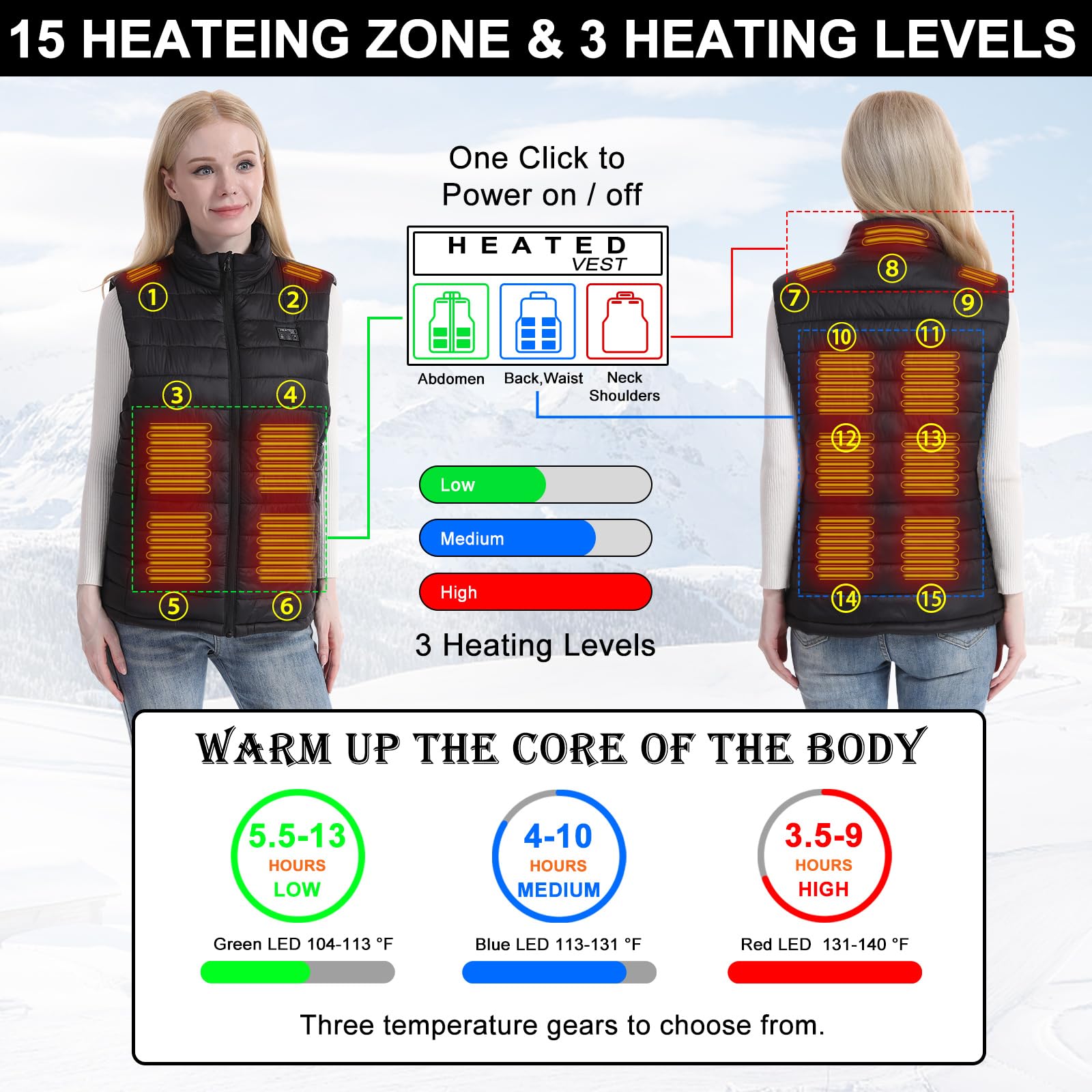 Chaleco Calefactable Mujer, 15 Zonas de Calentamiento, Chaleco Térmico con Batería 10000mAh, Chaleco Calefactable Eléctrico Ligero con 3 Temperaturas para Ciclismo, Trabajo al Aire Libre
