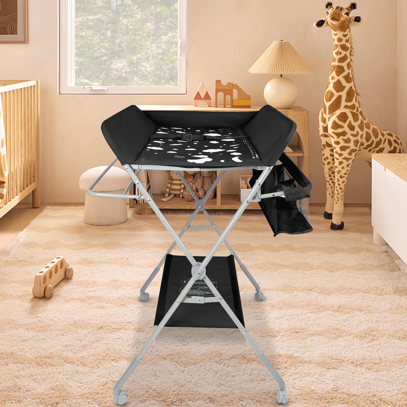 OHMG Baby Table à langer pliable, Table à langer avec roulettes, Table à langer mobile avec matelas à langer, Harnais de sécurité et étagères, Imperméable et réglable en hauteur, Stable