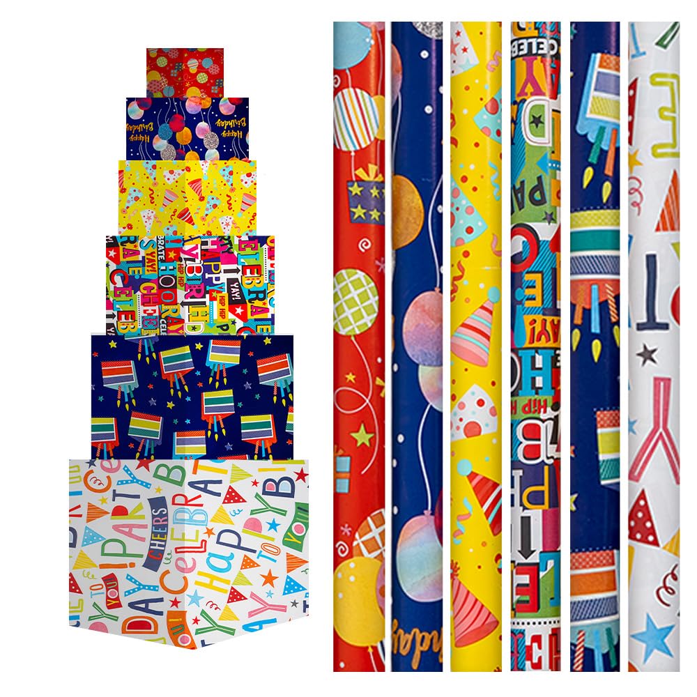 H HANSEL HOME Pack 6 Rollos Papel de Regalo Cumpleaños 70x200cm – Diseños Coloridos Happy Birthday – Papel Resistente para Envolver Regalos y Fiestas