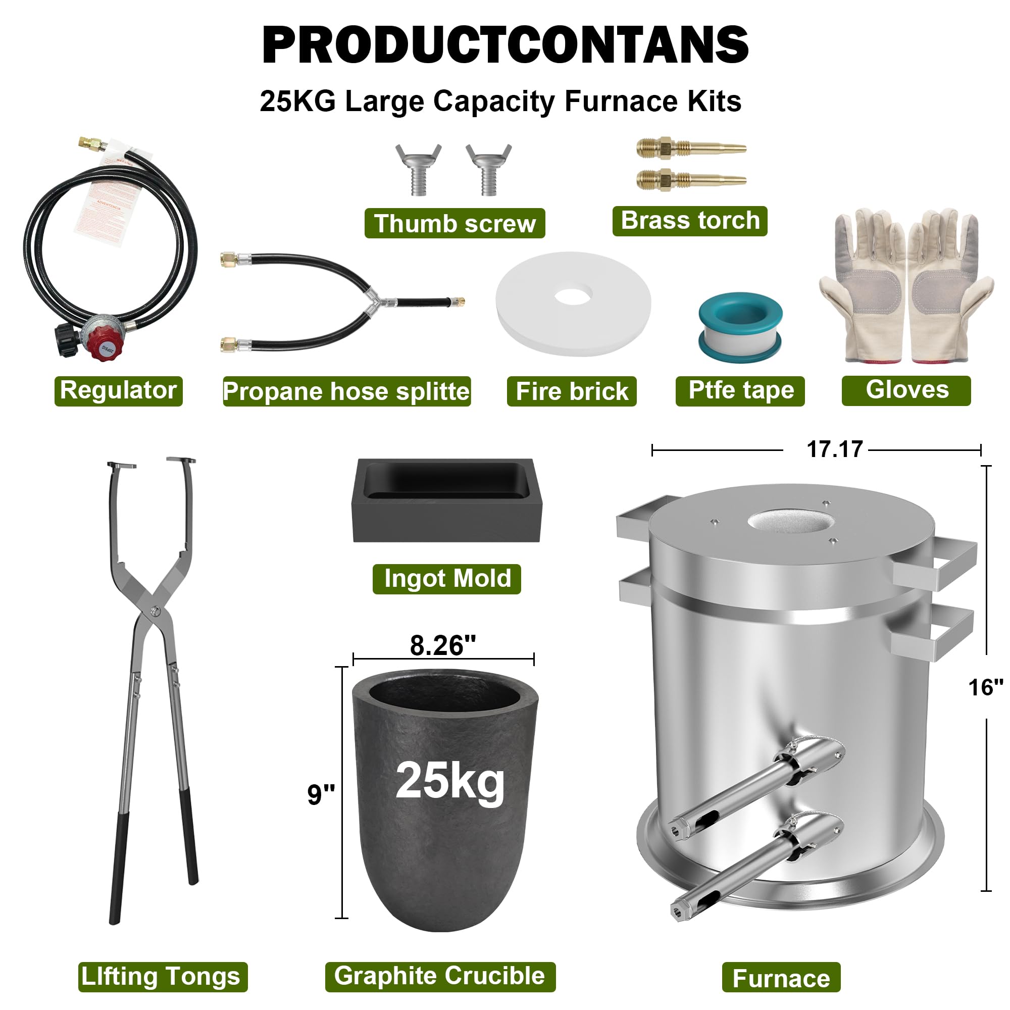 Nelyrho Kit de horno de fusión de propano de 25 kg con pinzas de elevación hechas de acero inoxidable, incluye horno de fundición de crisol para fundición de chatarra, reciclaje de metal dorado,