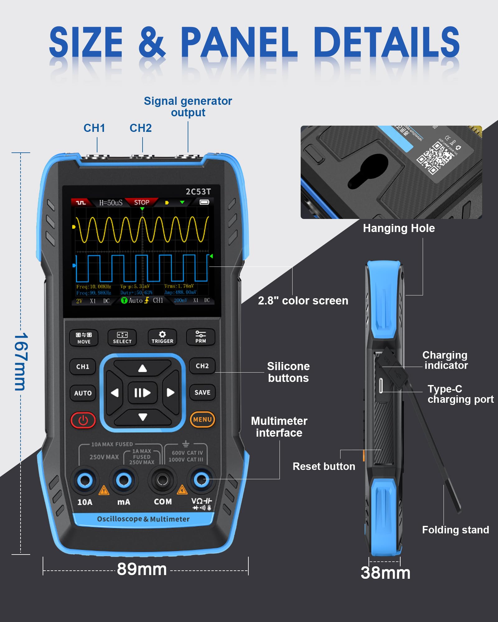 Handheld Oszilloskop Multimeter 2C53T, WapoRich 3-in-1 Oszilloskop 2 Kanal mit Signalgenerator, 50MHz, 250MSa/s, TRMS 19999 Counts, 13 Signalformen, FFT, XY-Modus, tragbares Digital Oszilloskop