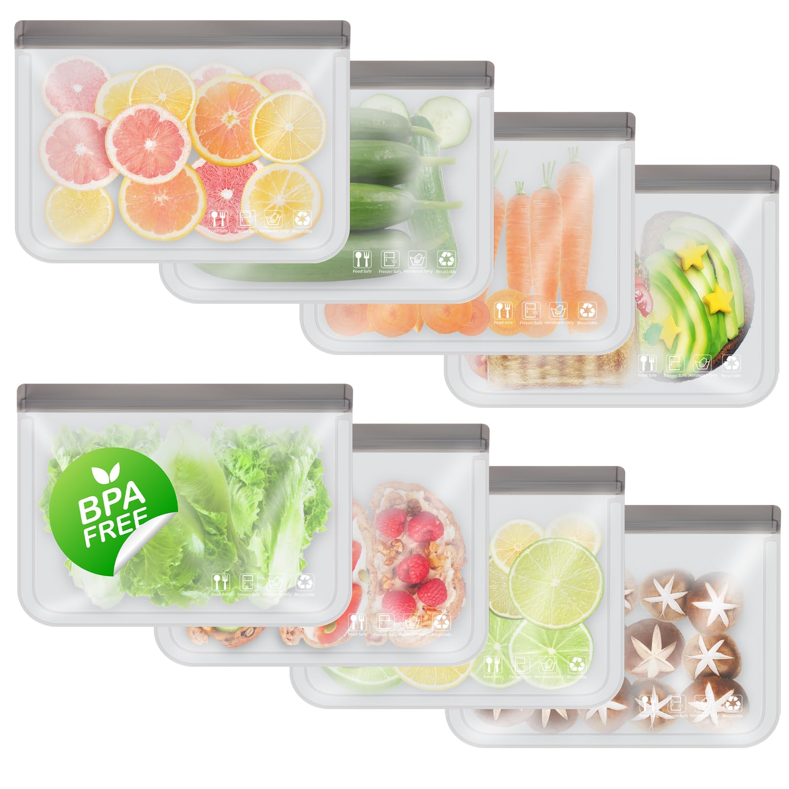 Reusable Freezer Bags, Leakproof Food Storage Bags, BPA FREE Ziplock Bags, Food Containers for Meal Prep,Travel, Make-Up, Fridge Kitchen Organization, 8 Pack (8 Large)