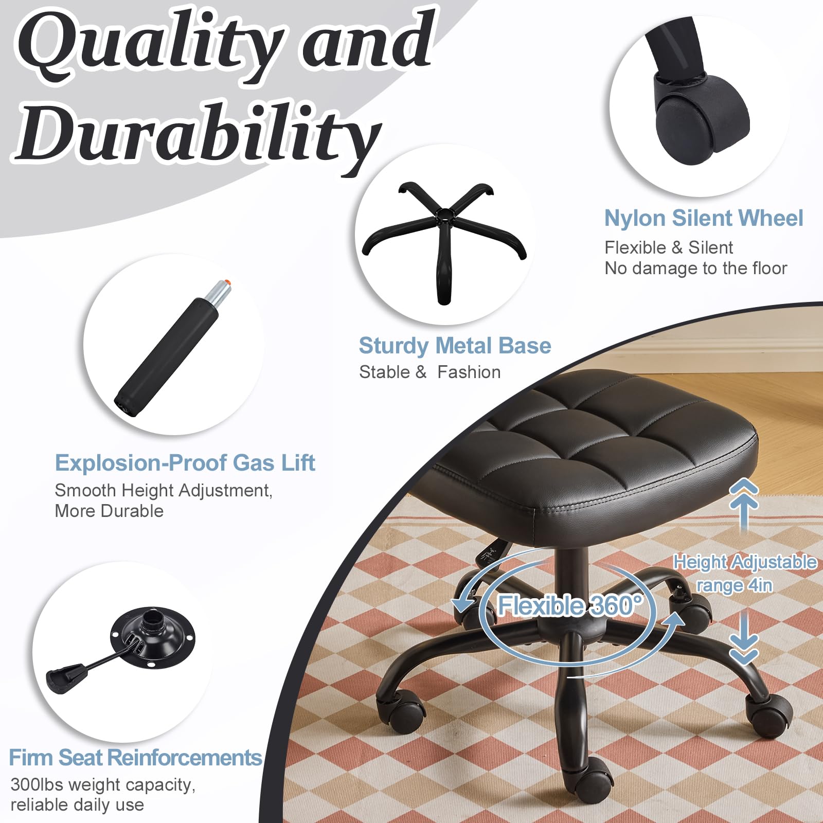 Bonnlo Silla de Oficina con Ruedas, Asiento Cómodo y Giratorio, Regulable en Altura, Ideal para Ordenador y Jornada de Trabajo, Negro