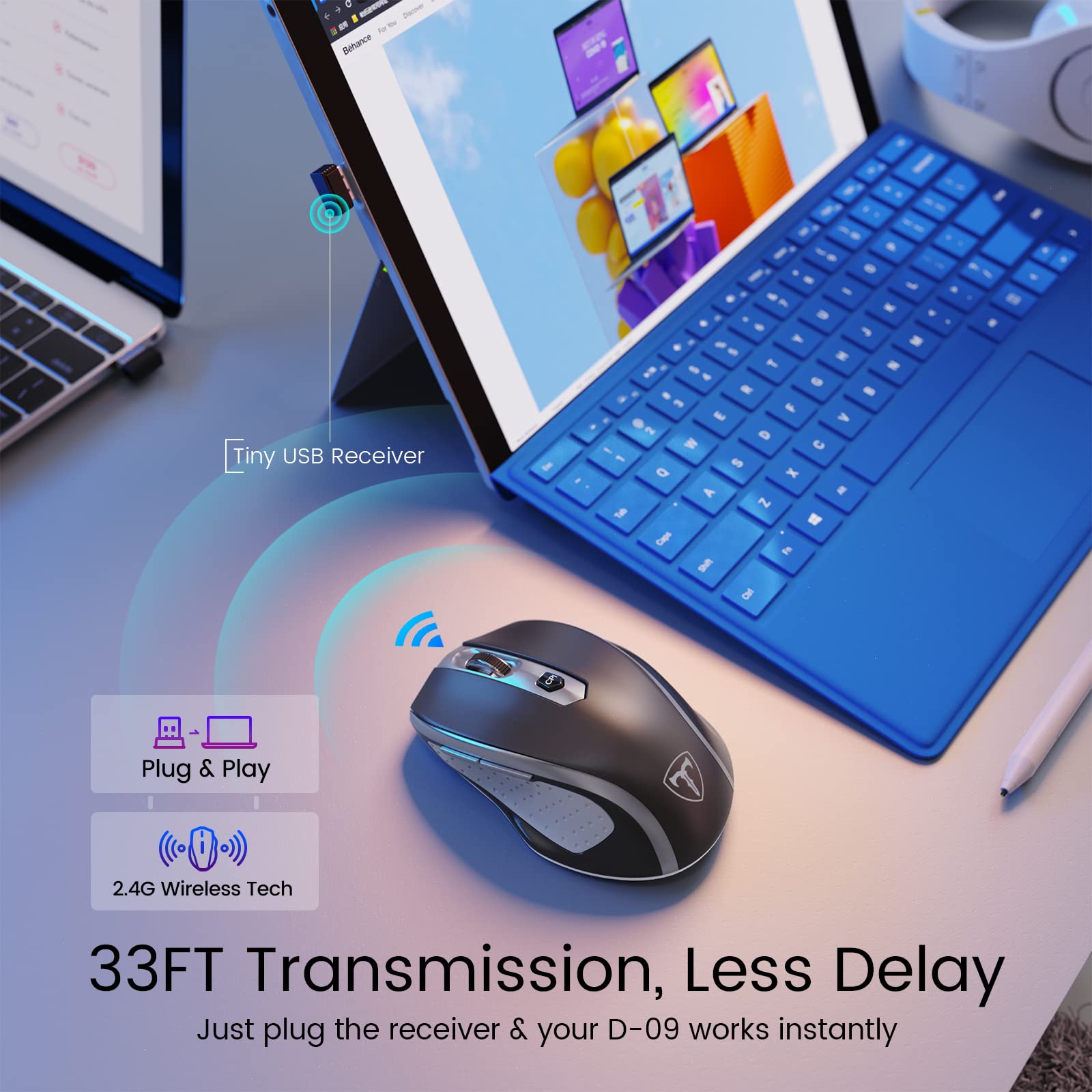 HOTWEEMS Mouse senza fili ergonomico per laptop, mouse senza fili USB 2.4G - Grigio | Mouse portatile D-09 a 5 livelli, 2400 DPI, 6 pulsanti, batteria da 16 mesi, per PC, Mac, Chromebook HOTWEEMS