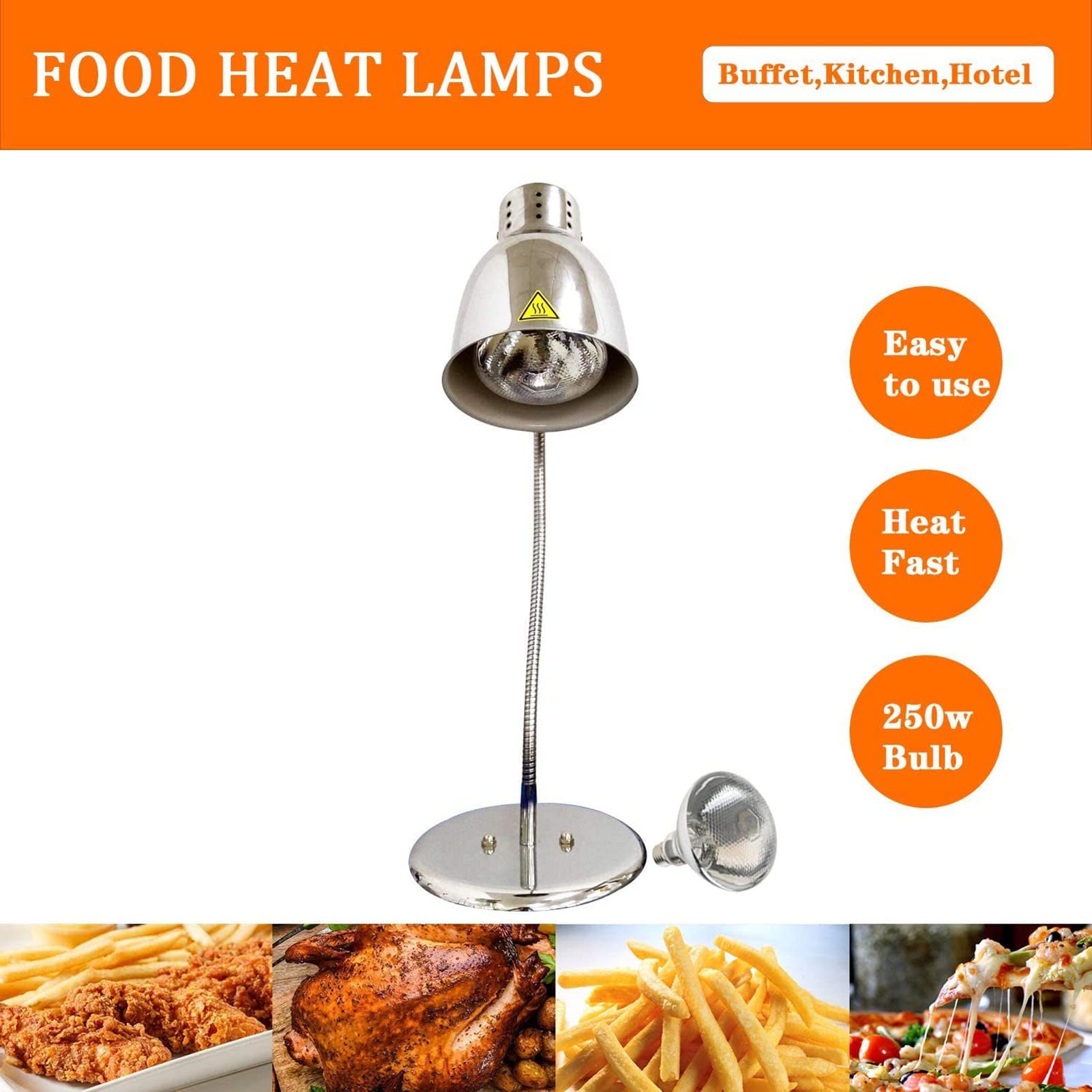 Lampa grzewcza do naczyń, pojedyncza żarówka grzewcza do żywności, do restauracji bufetowej, utrzymywania ciepła żywności, podgrzewana lampa do pizzy do steków