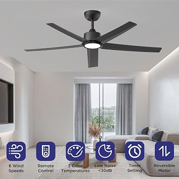 ocioc 52 inch Ceiling Fans with Lights and Remote,Black,Powerful Airflow | Quiet Operation,Reversible DC Motor for Year-round Comfort,Adjustable Color Temperature,6 Speeds,for Bedroom,Living Room