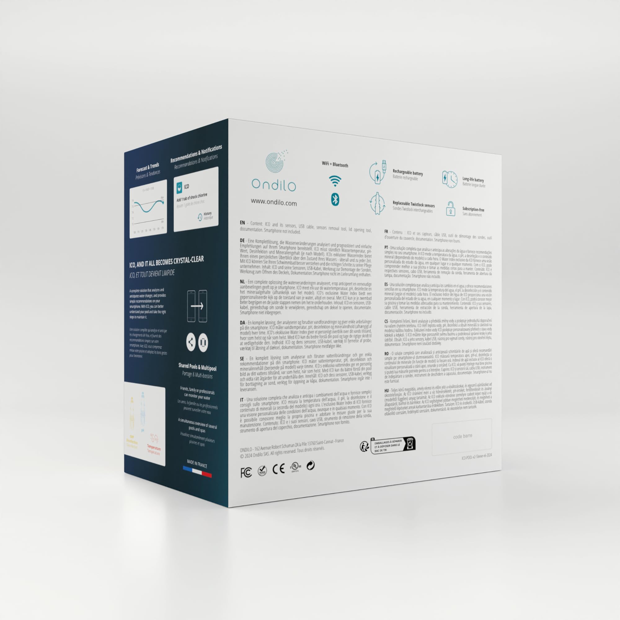 ICO Pool V2 Chlore Brome - Analyseur d'eau connecté pour piscines traitées au chlore ou au brome - Mesures toutes les heures pH, ORP, température de l'eau - Recommandations sur votre smartphone