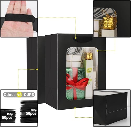 Miniatura 3 de EUSOAR Bolsas de papel negro con ventana, 50 unidades, 7 x 5.12 x 9.84 pulgadas, bolsas de regalo de compras con ventana transparente, bolsas de