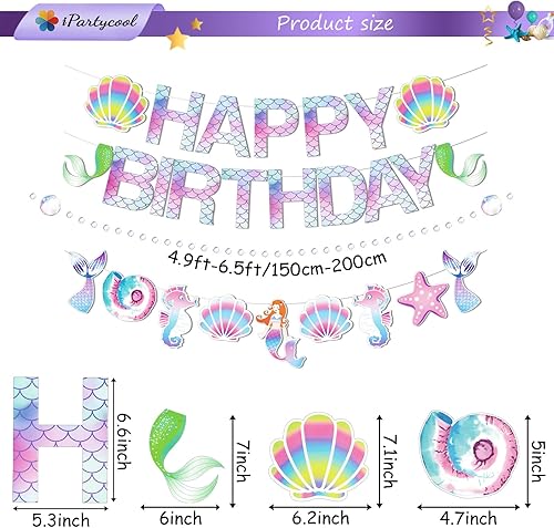 Miniatura 3 de Decoraciones de fiesta de cumpleaños de sirena para niñas y mujeres, 60 piezas de suministros de fiesta de sirena con pancarta de feliz cumpleaños,