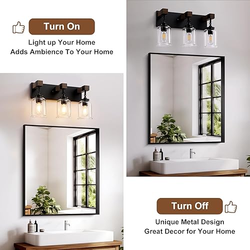 Miniatura 6 de Lámpara de baño de granja, 3 luces, color negro mate, estilo industrial con pantallas de vidrio transparente, accesorios de iluminación sobre espejo