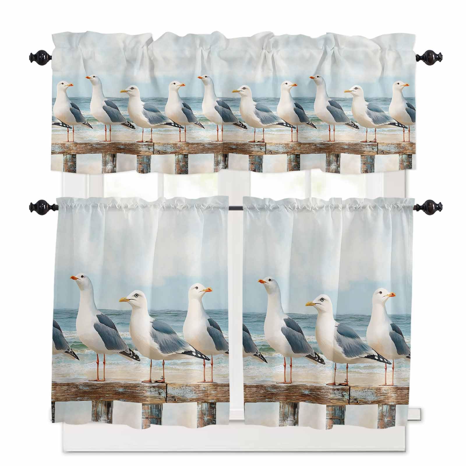 Coastal Seagull Kitchen Curtains 36 Inch Length, 3 Piece Rod Pocket Small Half Tiers and Valance Set, Summer Beach Ocean Bird Watercolor Small Large Window Treatment Decor for Bedroom/Bathroom Sink