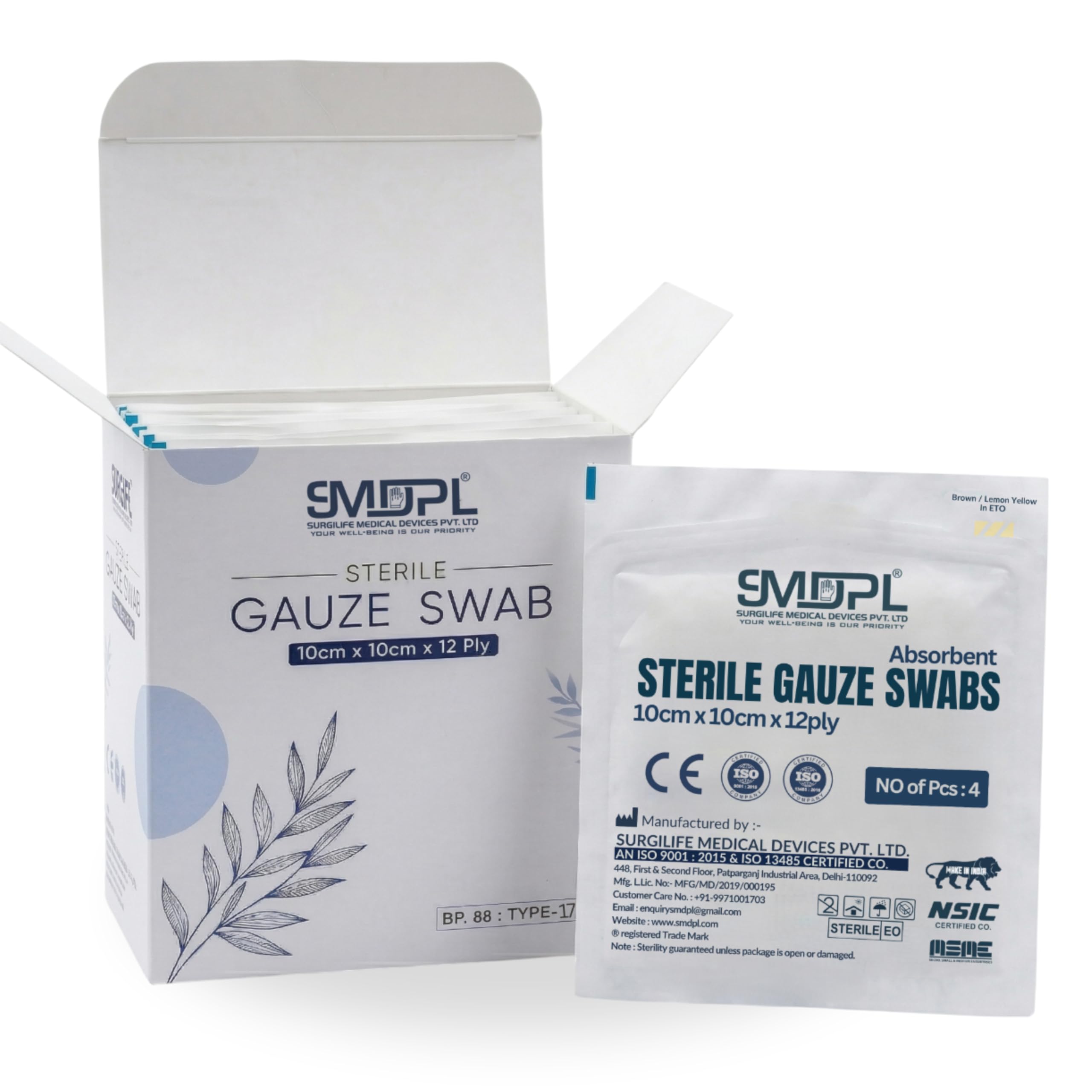 SMDPL Sterile Gauze Swabs 10CM X 10CM X 12Ply Type-17 | Absorbent Wound Dressing Pads for First Aid, Surgical & Clinic Use (E.T.O sterilization 10 Pouches - 40pcs)