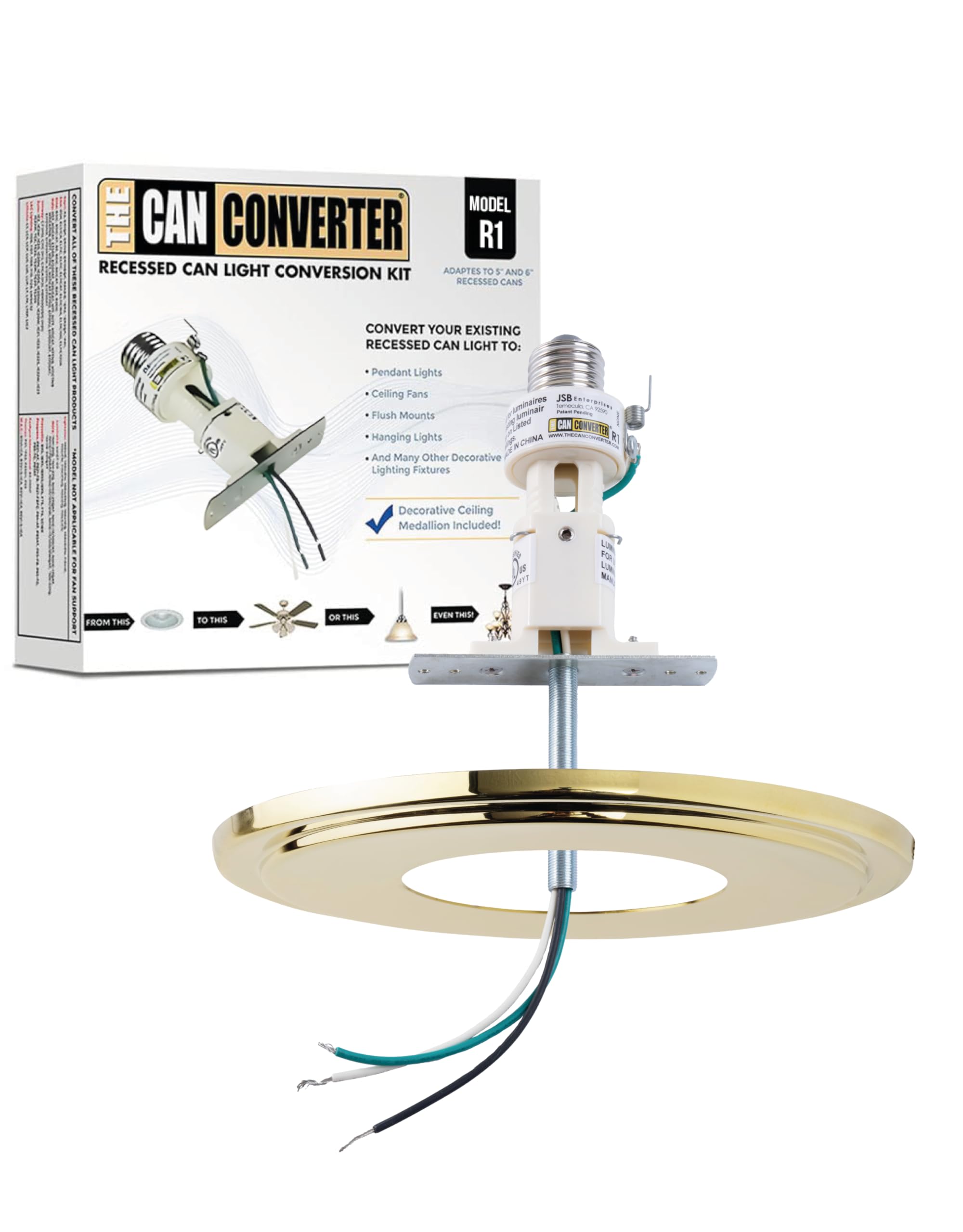 The Can Converter R1 Recessed Can Light Conversion Kit w/ 8¼" Steel Beveled Ceiling Medallion - Home Improvement for 4", 5" &amp; 6" Cans, Fan &amp; Light Fixture Converter Kit, UL Certified, Polished Brass