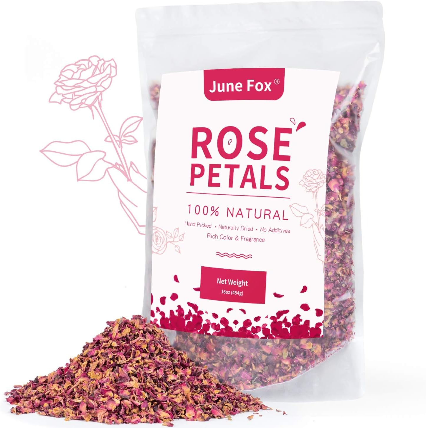 June Fox Dried Rose Petals 1 Pound Fragrant Rose Petals for Making Rose Water, Bath Bombs, Soap & Candle Making, Sachets - Pure & Natural Red Rose Petals