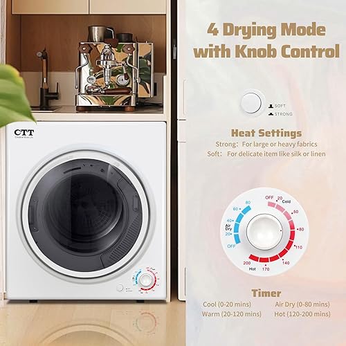 Miniatura 3 de CTT Secadora de ropa portátil para apartamento de 1500 W, 3.5 pies cúbicos para lavandería con 4 modos de secado, secadora de 110 V con bañera de