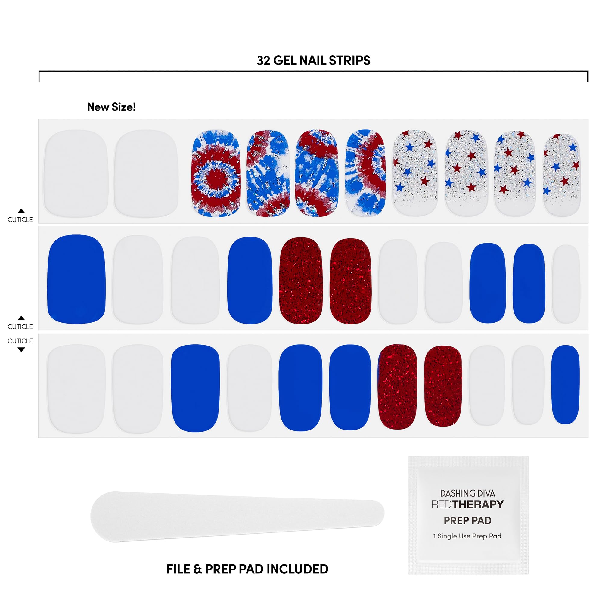 Dashing Diva Patriotic Gloss Nail Strips - Nails That I Love - UV Free, Chip Resistant, Long Lasting Gel Nail Stickers - 3-Piece Manicure Set - Contains 32 Wraps, 1 Prep Pad, 1 File