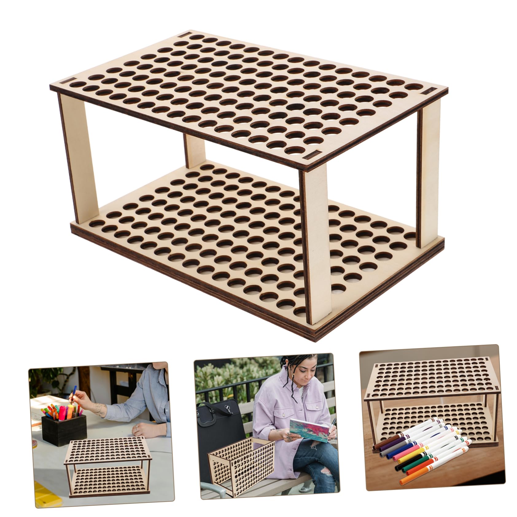Uonlytech 5 Pezzi Porta della penna in legno organizer per la conservazione dei pennelli portapennelli per studenti organizzatori da scrivania porta pennelli di legno Beige