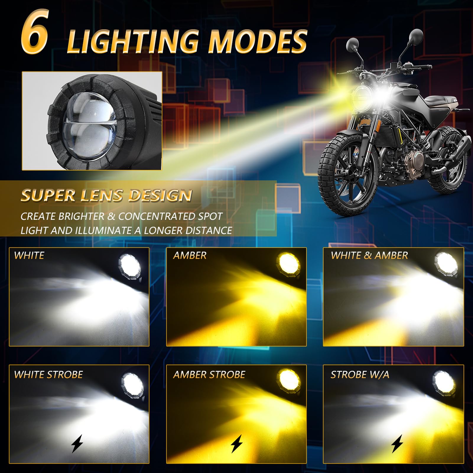 Luci Ausiliarie per Moto, Faretti a LED per Moto con Kit di Cablaggio, Set di Aggiornamento Fari per Stagni da 2 Pacchi