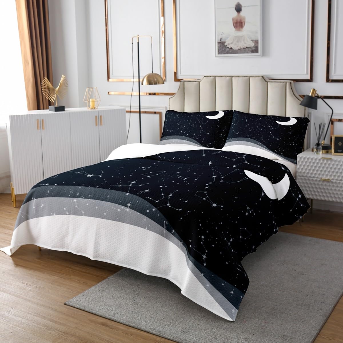 Erosebridal Moon Print Bedspread Queen Size Sparkle Stars Quilt Set for Kids Boys, Horoscopes Zodiac Coverlet Set Constellations Astrology Bedding Set, Starry Sky Bed Cover, Black 3pcs