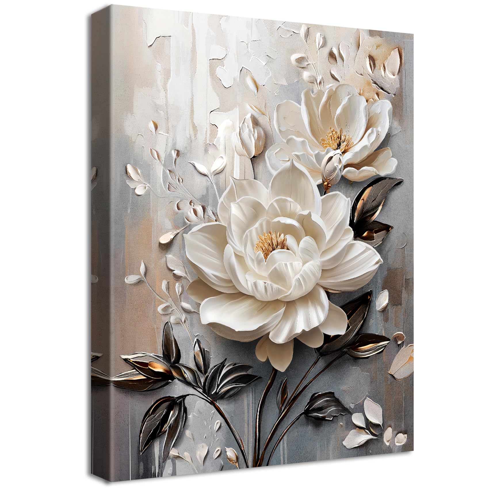Wooden Framed Canvas Wall Art 3D White Floral Painting on Canvas Prints Poster Beige Gray Rose Blooming Flowers Pictures for Living Room Bedroom Dinning Room Hallway Wall Decoration 30x40cm โ image 1