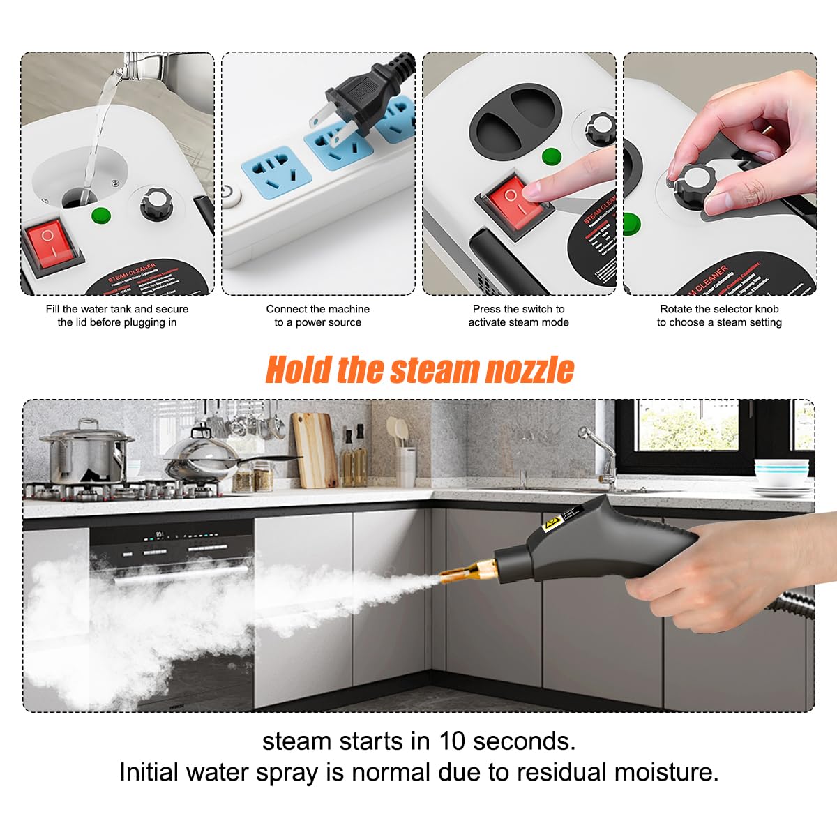 Limpiador a vapor 30 segundos de tiempo de calentamiento, depósito de agua de 1,2 l, 20 accesorios para suelos, ventanas, baño, sin productos químicos, certificado GS (blanco)