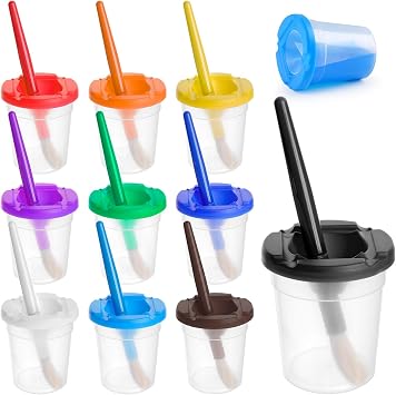 10 PCS No Spill Paint Cups with Colored Lids and Brushes for Kids, Not for Watercolor, Spill Proof Paint Brush Cleaner Cup for Painting, Arts and Crafts Supplies, for Acrylic Paint
