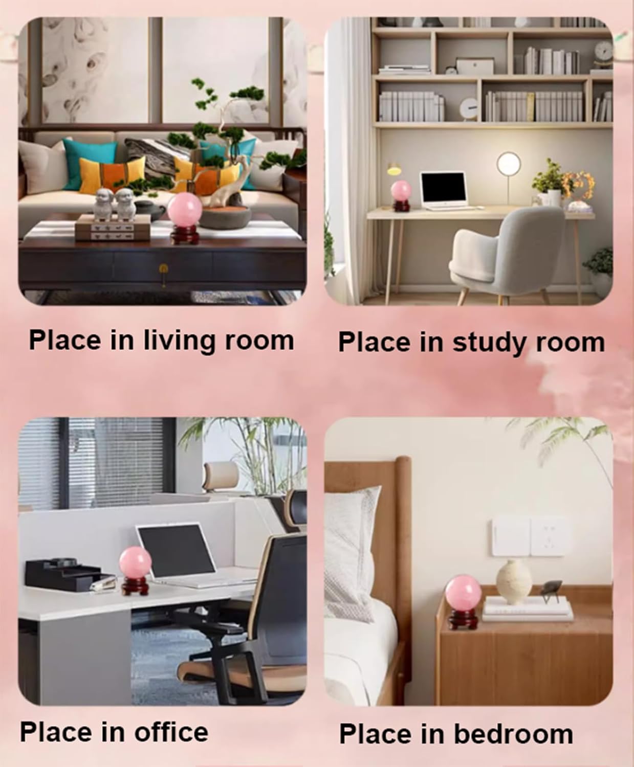 Decorative Rose Quartz Crystal Stone Ball Figurines Ornament Rock Sphere Home Office Decor Gift Crystal Ball Prop with Stand,8cm