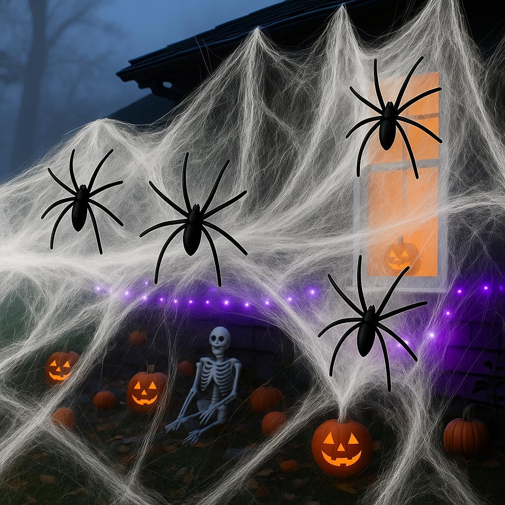 PMU Halloween Party Decoration Accessory Spider Webs Giant White 56 Grams with 4 Spiders Pkg/6
