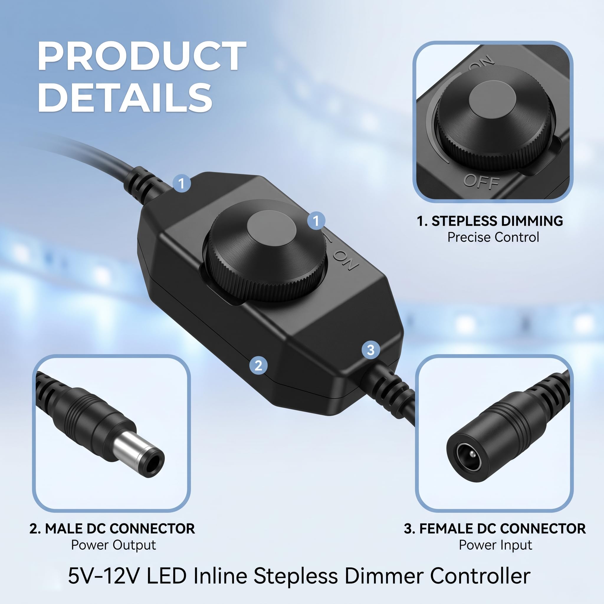 2 Stück LED-Dimmer DC 12 V 24 V, Dimmer LED, 12 V, 24 V, PWM, drehbarer Lichtstärkeregler mit Schalter, Linie für einfarbige LED-Streifen, 3528 5050 5630, Lichterkette und Beleuchtung