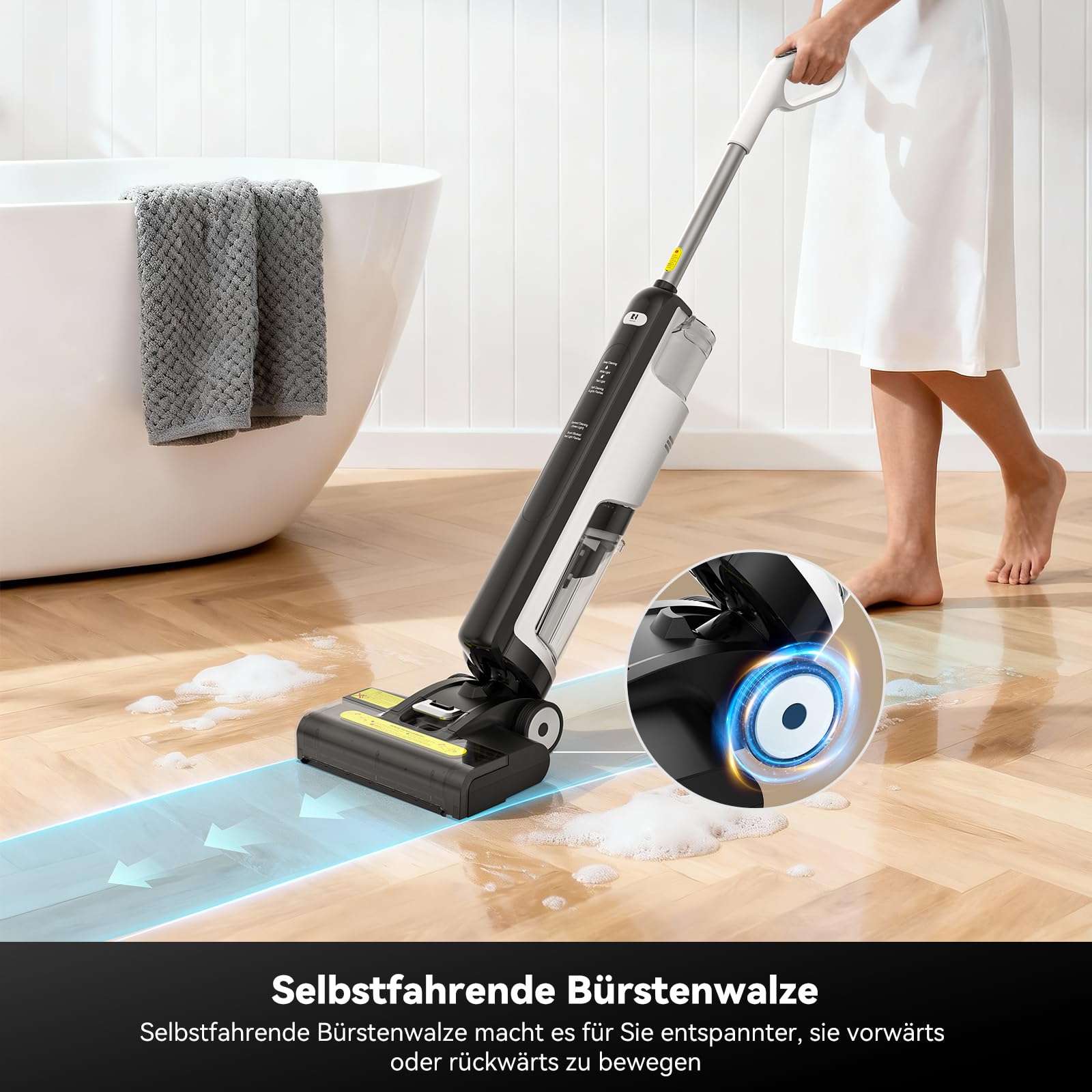 W12SE Wischsauger, Intelligenter kabelloser Wischsauger, Anti-Haarverwicklung, Elektrolytische Desinfektion, 1,15L Doppelbehälter