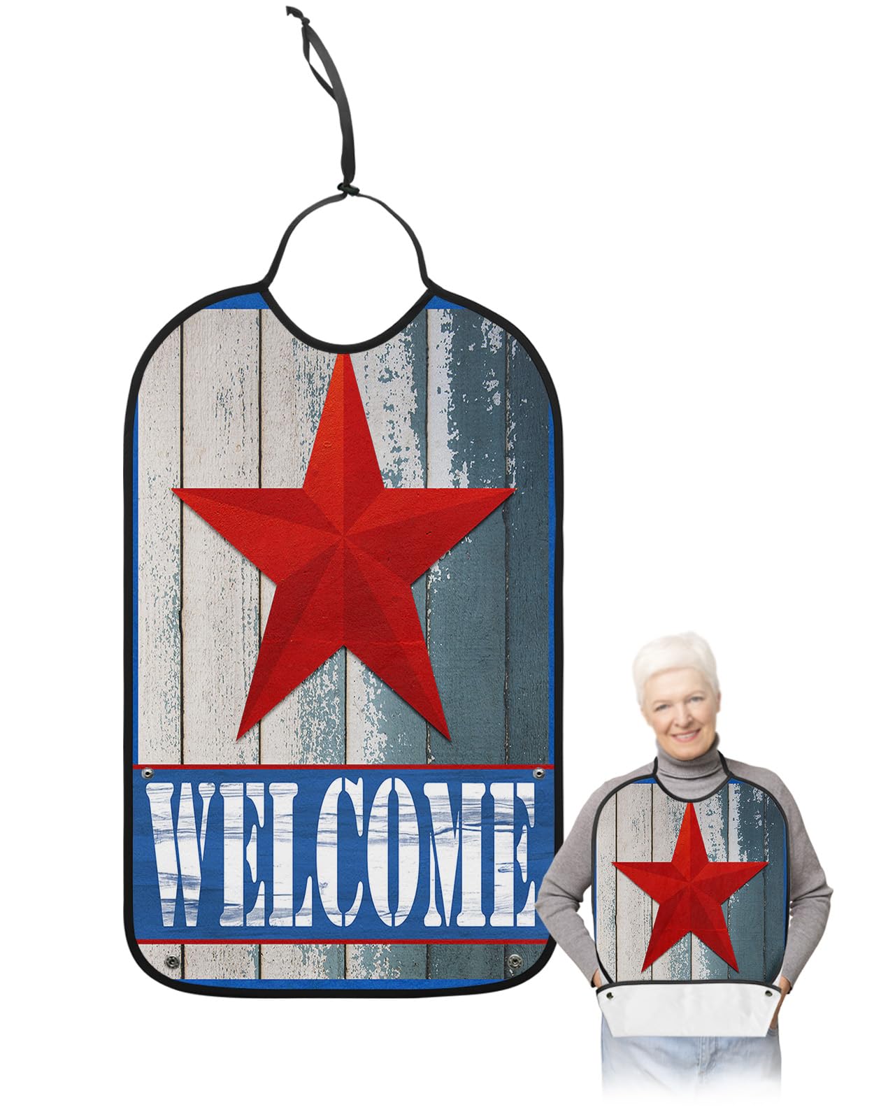 Independence Day Adult Bibs for Eating, Waterproof Bibs with Food Catcher & Adjustable Snap Closure, Welcome Retro Red Star Blue Board Washable Clothing Protectors Adult Bibs for Elderly Women/Men