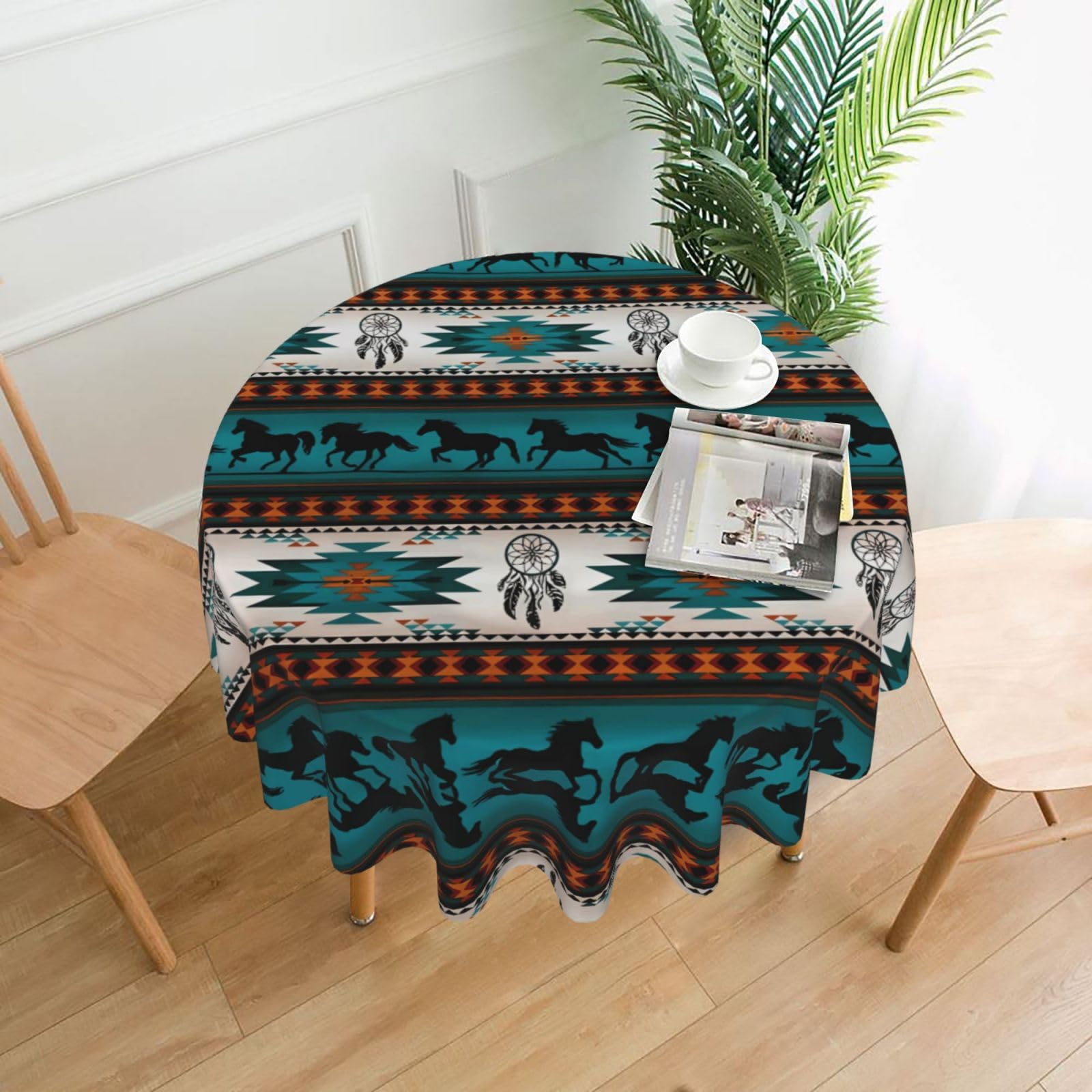 WHJSSF Horse Prints Round Decorative Table Throw 60 Inch – Waterproof Table Cover for Dining, Coffee Tables, and Outdoor Events