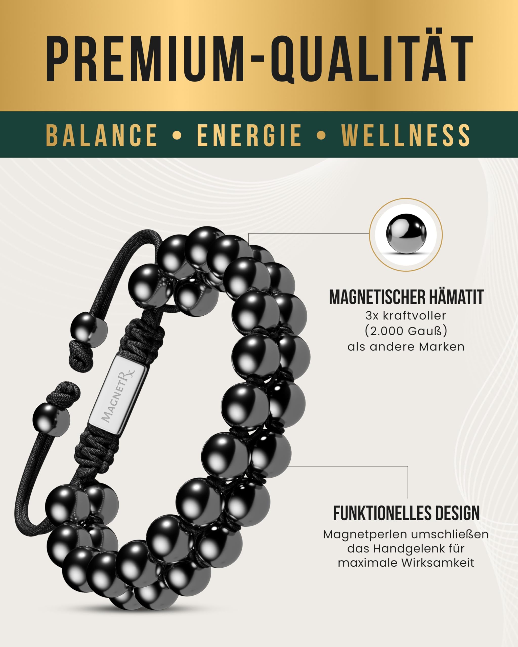 MagnetRX® Hämatit Magnetarmband - Magnetische Hämatit Armbänder mit Perlen (Double Strength 8mm)