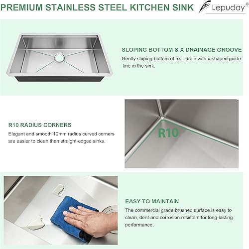 Miniatura 7 de Lepuday Fregadero de cocina de montaje inferior de 30 pulgadas de acero inoxidable calibre 16 fregadero de cocina con estación de trabajo 30 x 19
