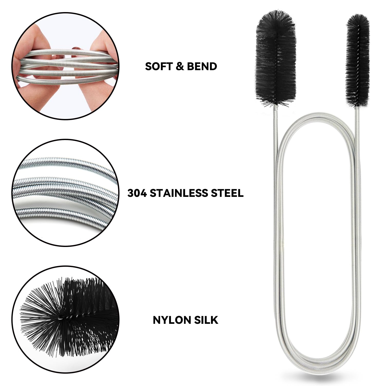 Cepillo de drenaje flexible, limpiadores de tuberías de manguera de doble extremo de 66 pulgadas de largo y cepillo de limpieza de tubos de 58 pulgadas y 2 cepillos limpiadores de pajitas de 8