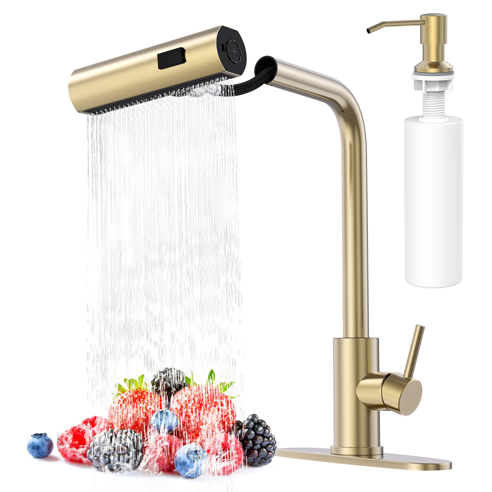 AVSIILE Brushed Gold Single Hole Kitchen Faucets with Pull Down Sprayer, Single Handle, High Flow Water, Pull Out Tap, Stainless Steel Sink Faucet, Suitable for Farmhouse Camper Laundry Rv Bar
