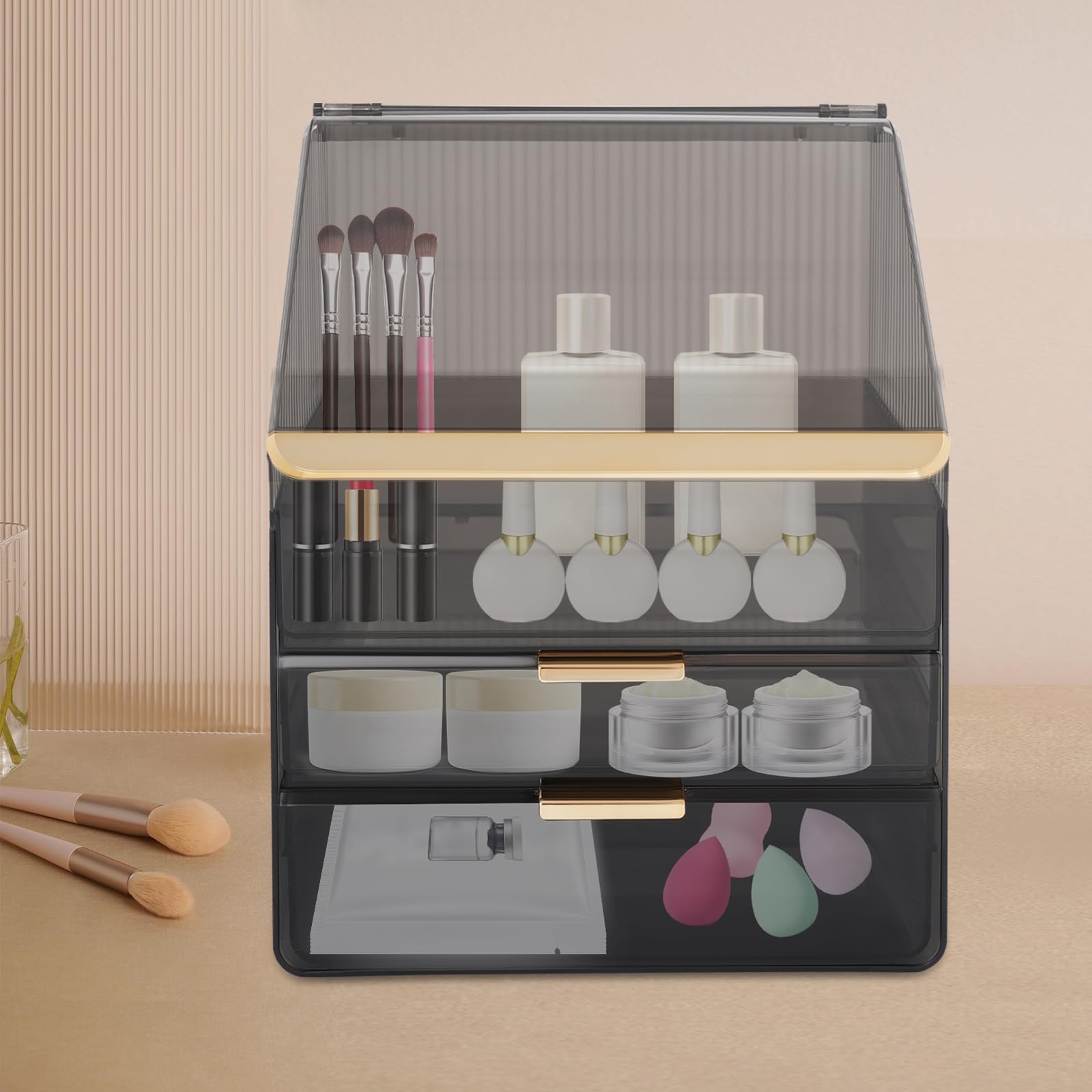 Schminktisch Organizer Make Up Kosmetik Makeup Organizers Schmink Make-up Organizer Schwarz, PET und ABS, Modern, Rechteckig, 2 Schubladen, 3 Ebenen, mit Lippenstifthalter, 30x19x37,2 cm