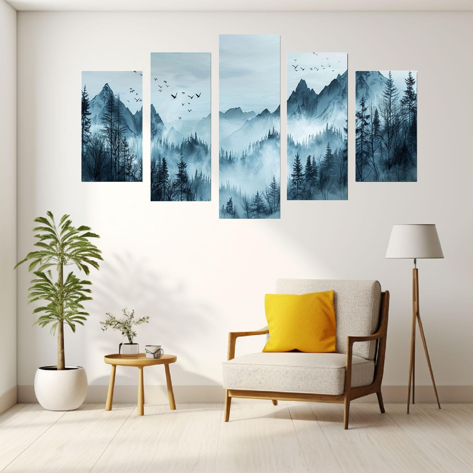 5-teilige Leinwand-Wandbilder „Natur-Landschaft“ – Blau-türkis Magnolie & Vollmond, Fertig Gerahmt