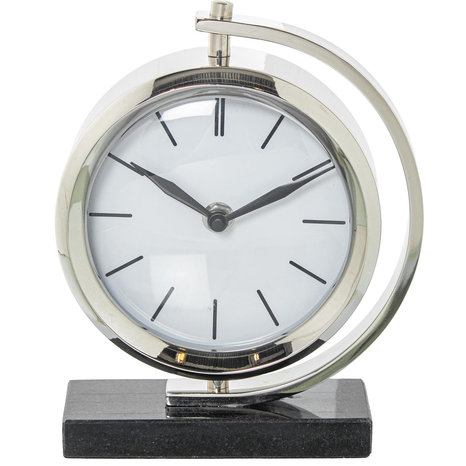 RELOJ 23363 SOBREMESA METAL PLATEADO BASE MÁRMOL NEGRO_20X5X16CM