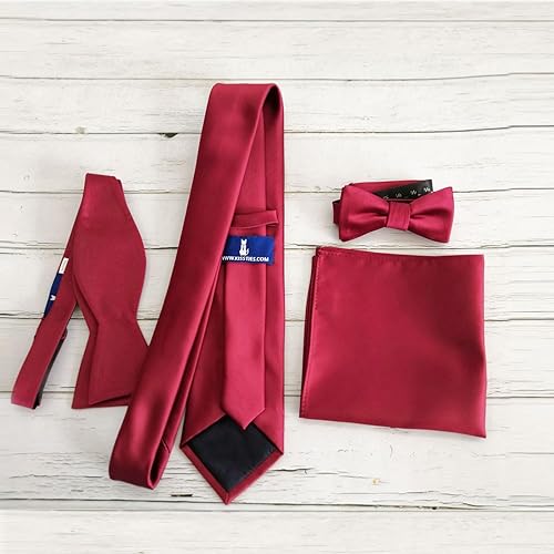 Vista 221 de KissTies Juego de corbatas de satén para hombre + pañuelo de bolsillo Rojo